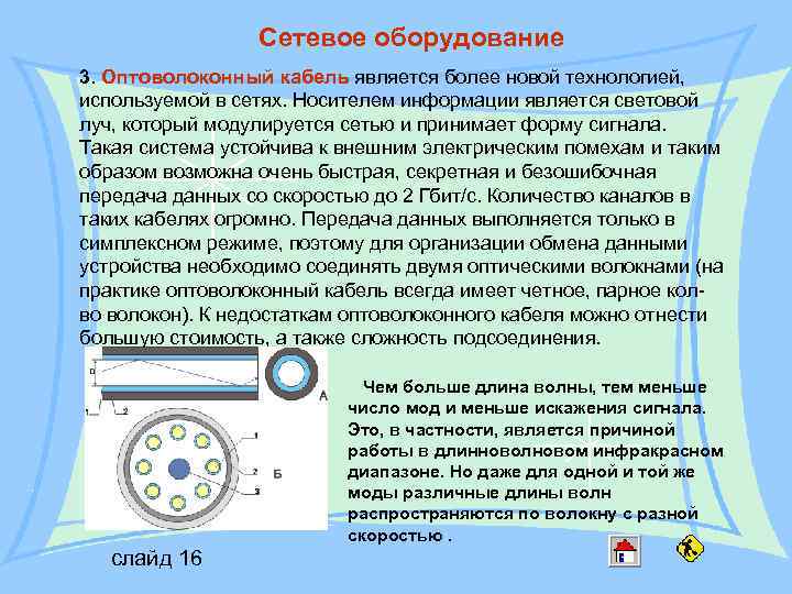 Сетевое оборудование 3. Оптоволоконный кабель является более новой технологией, используемой в сетях. Носителем информации