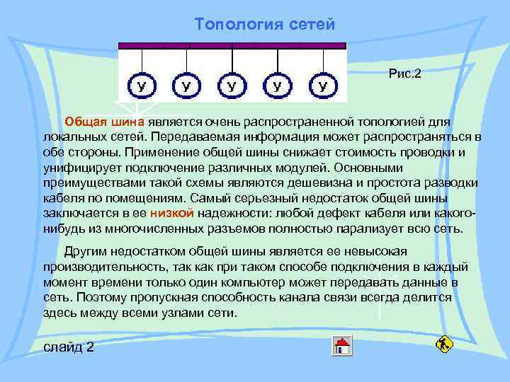 Топология сетей Рис. 2 Общая шина является очень распространенной топологией для локальных сетей. Передаваемая