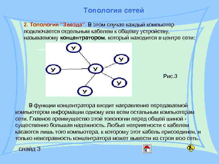 Топология сетей 2. Топология “Звезда”. В этом случае каждый компьютер подключается отдельным кабелем к