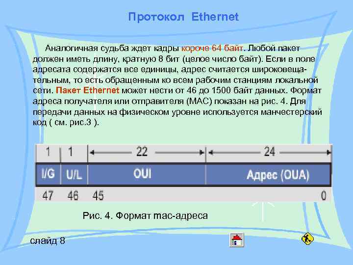 Протокол Ethernet Аналогичная судьба ждет кадры короче 64 байт. Любой пакет должен иметь длину,