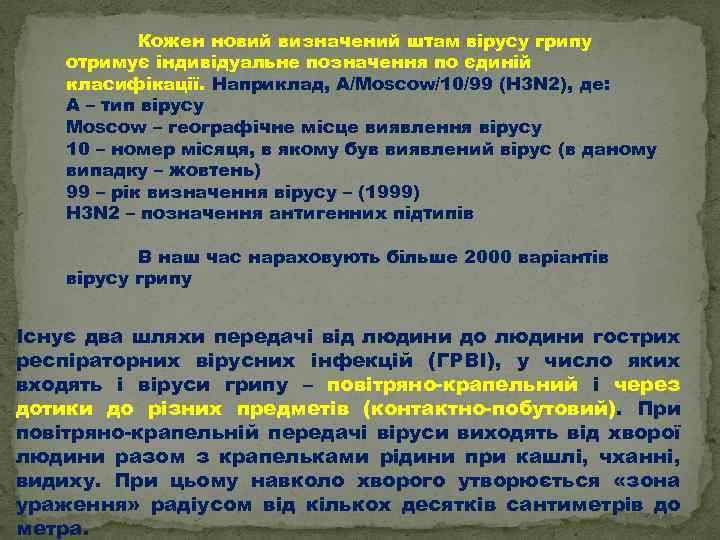 Кожен новий визначений штам вірусу грипу отримує індивідуальне позначення по єдиній класифікації. Наприклад, A/Moscow/10/99