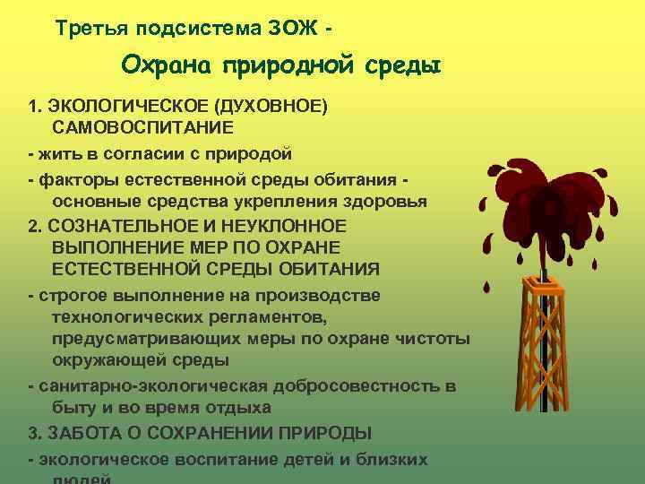 Третья подсистема ЗОЖ - Охрана природной среды 1. ЭКОЛОГИЧЕСКОЕ (ДУХОВНОЕ) САМОВОСПИТАНИЕ - жить в