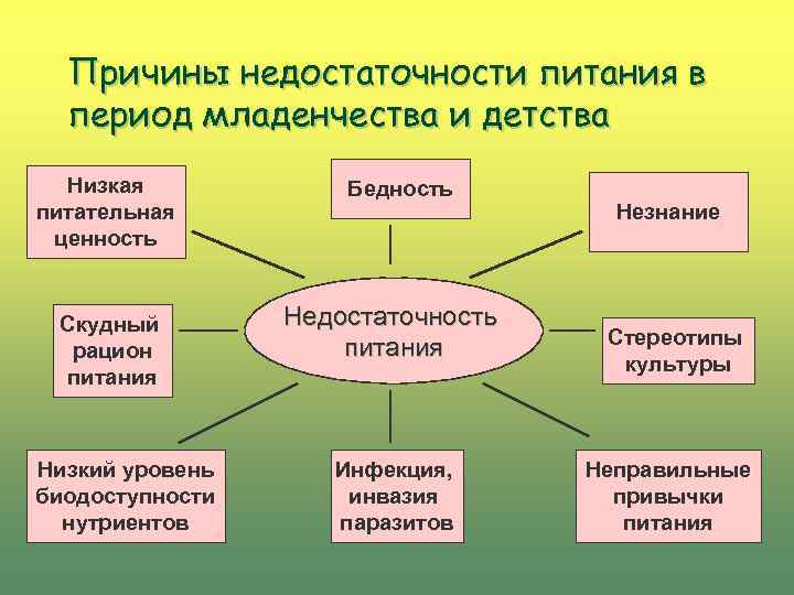 Причины недостаточности питания в период младенчества и детства Низкая питательная ценность Скудный рацион питания