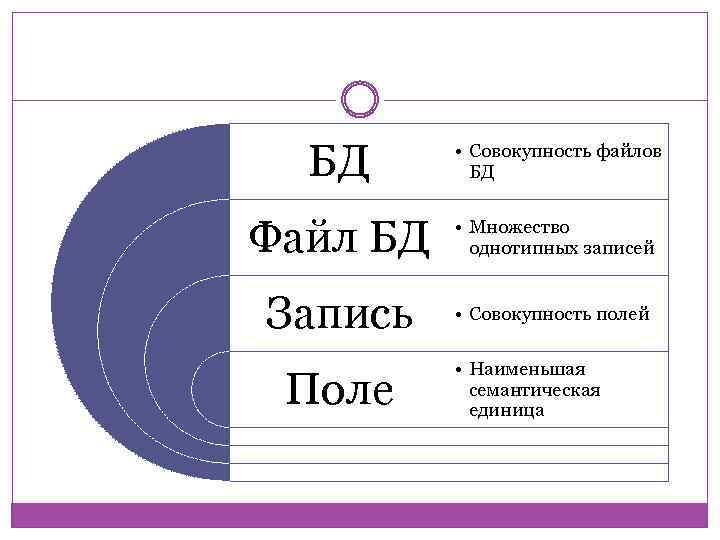 БД • Совокупность файлов БД Файл БД • Множество однотипных записей Запись • Совокупность