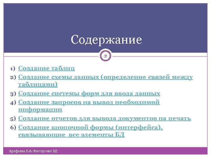 Содержание 2 1) Создание таблиц 2) Создание схемы данных (определение связей между 3) 4)