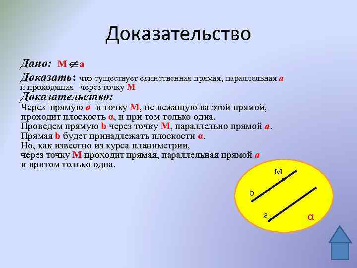 Через точку не лежащую на данной прямой. Через любую точку пространства не лежащую на данной прямой. Доказательство что через точку лежащую на данной прямой. Через данную точку проходит единственная прямая параллельная данной. Докажите что через данную точку не лежащую на данной прямой.