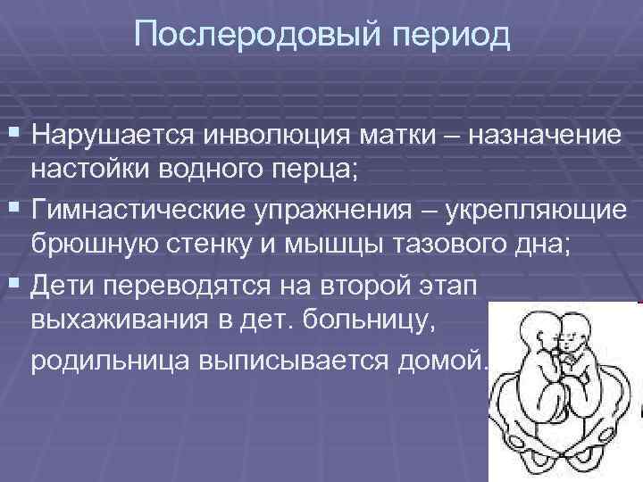 Послеродовый период § Нарушается инволюция матки – назначение настойки водного перца; § Гимнастические упражнения