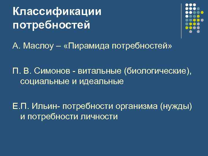 Классификации потребностей А. Маслоу – «Пирамида потребностей» П. В. Симонов витальные (биологические), социальные и