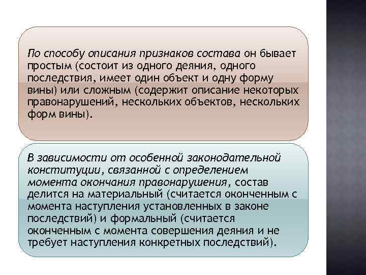 По способу описания признаков состава он бывает простым (состоит из одного деяния, одного последствия,