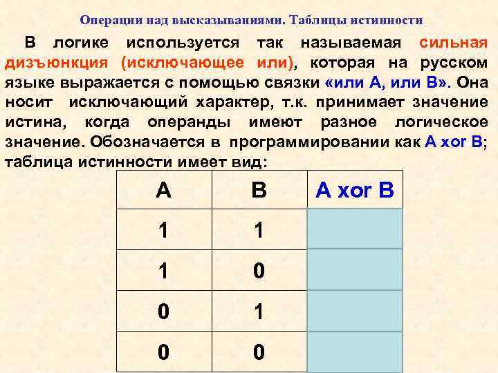 Операции над высказываниями. Таблицы истинности В логике используется так называемая сильная дизъюнкция (исключающее или),