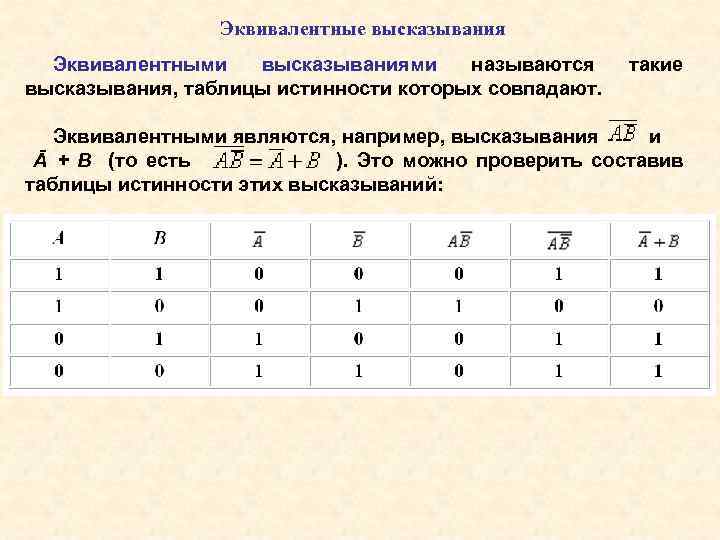 Как определить истинность утверждения с и. Эквивалентные высказывания. Эквивалентность высказываний. Эквивалентность выражений. Логически эквивалентные высказывания.