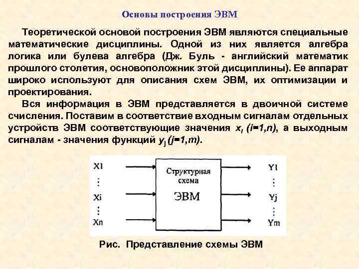 Основы построения ЭВМ Теоретической основой построения ЭВМ являются специальные математические дисциплины. Одной из них