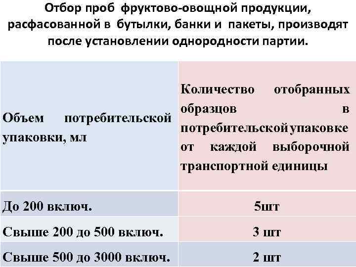 Отбор проб фруктово-овощной продукции, расфасованной в бутылки, банки и пакеты, производят после установлении однородности