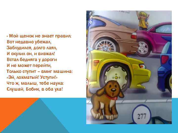 - Мой щенок не знает правил: Вот недавно убежал, Заблудился, долго лаял, И скулил