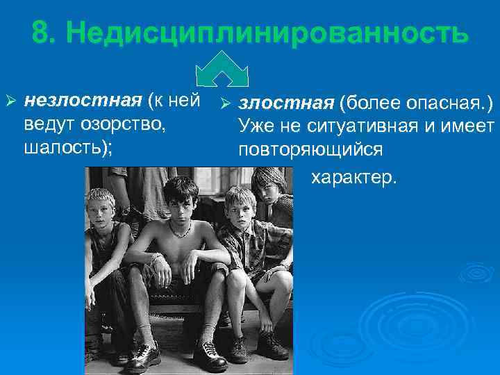 8. Недисциплинированность Ø незлостная (к ней Ø злостная (более опасная. ) ведут озорство, Уже