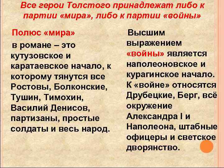 Все герои Толстого принадлежат либо к партии «мира» , либо к партии «войны» Полюс