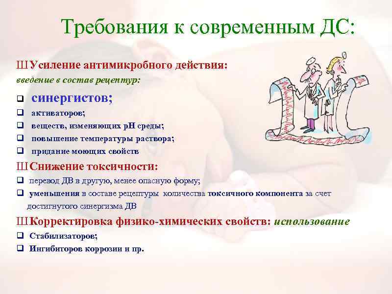 Требования к современным ДС: Ш Усиление антимикробного действия: введение в состав рецептур: q синергистов;