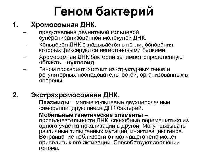 Геном бактерий 1. Хромосомная ДНК. – – 2. представлена двунитевой кольцевой суперспирализованной молекулой ДНК.