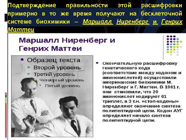 Подтверждение правильности этой расшифровки примерно в то же время получают на бесклеточной системе биохимики
