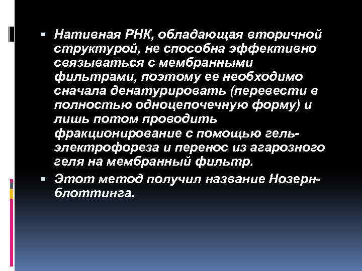  Нативная РНК, обладающая вторичной структурой, не способна эффективно связываться с мембранными фильтрами, поэтому