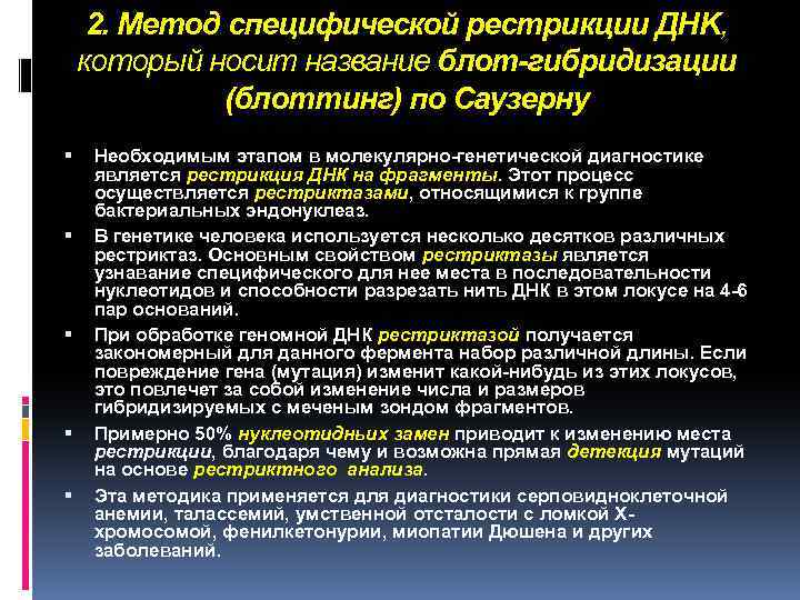 2. Метод специфической рестрикции ДНK, который носит название блот-гибридизации (блоттинг) по Саузерну Необходимым этапом