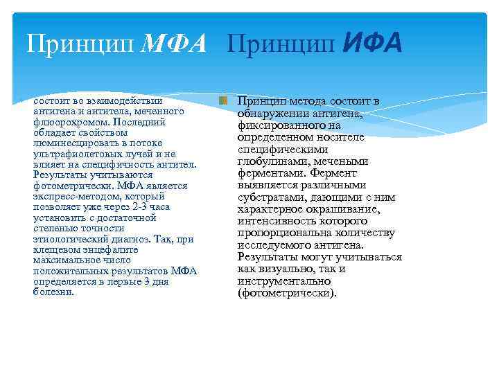 Принцип МФА Принцип ИФА состоит во взаимодействии антигена и антитела, меченного флюорохромом. Последний обладает
