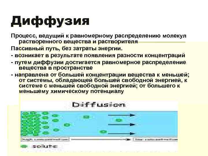 Диффузия Процесс, ведущий к равномерному распределению молекул растворенного вещества и растворителя Пассивный путь, без