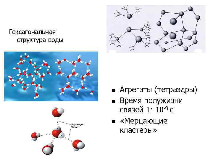 Гексагональная структура воды n n n Агрегаты (тетраэдры) Время полужизни связей 1· 10 -9