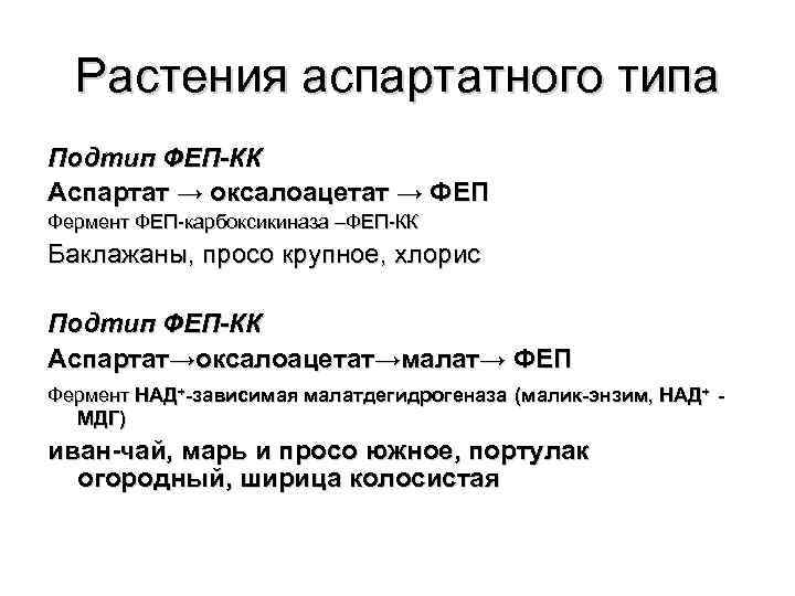 Растения аспартатного типа Подтип ФЕП-КК Аспартат → оксалоацетат → ФЕП Фермент ФЕП-карбоксикиназа –ФЕП-КК Баклажаны,