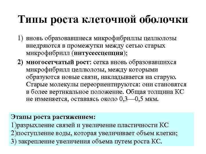 Типы роста клеточной оболочки 1) вновь образовавшиеся микрофибриллы целлюлозы внедряются в промежутки между сетью