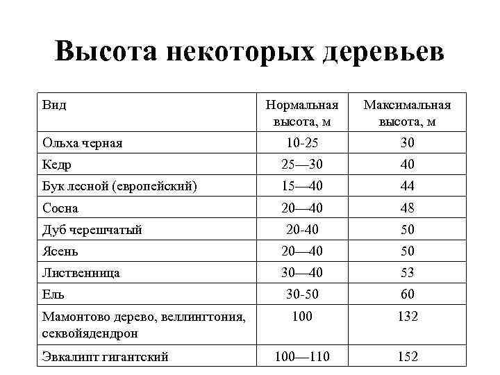 Высота некоторых деревьев Вид Нормальная высота, м Максимальная высота, м 10 -25 30 Кедр