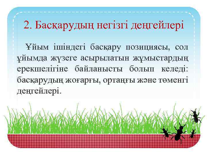 2. Басқарудың негізгі деңгейлері Ұйым ішіндегі басқару позициясы, сол ұйымда жүзеге асырылатын жұмыстардың ерекшелігіне