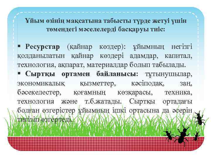 Ұйым өзінің мақсатына табысты түрде жетуі үшін төмендегі мәселелерді басқаруы тиіс: § Ресурстар (қайнар