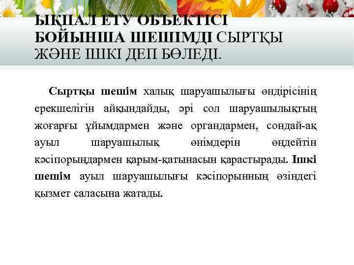 ЫҚПАЛ ЕТУ ОБЪЕКТІСІ БОЙЫНША ШЕШІМДІ СЫРТҚЫ ЖӘНЕ ІШКІ ДЕП БӨЛЕДІ. Сыртқы шешім халық шаруашылығы