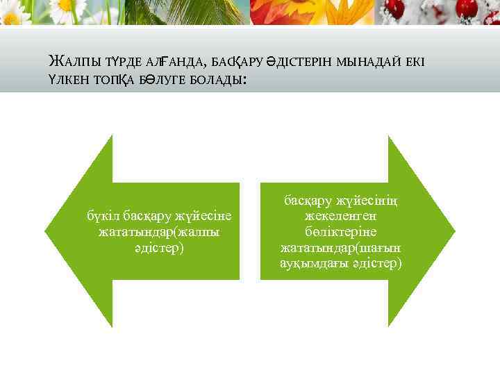 ЖАЛПЫ ТҮРДЕ АЛҒАНДА, БАСҚАРУ ӘДІСТЕРІН МЫНАДАЙ ЕКІ ҮЛКЕН ТОПҚА БӨЛУГЕ БОЛАДЫ: бүкіл басқару жүйесіне