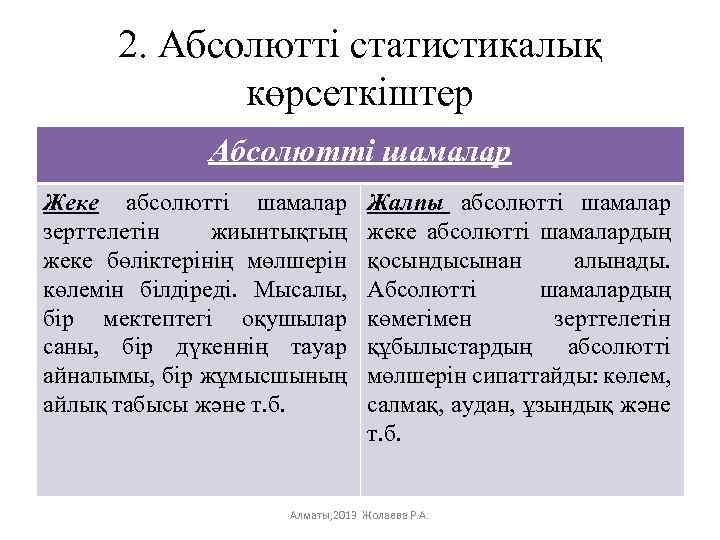 2. Абсолютті статистикалық көрсеткіштер Абсолютті шамалар Жеке абсолютті шамалар зерттелетін жиынтықтың жеке бөліктерінің мөлшерін