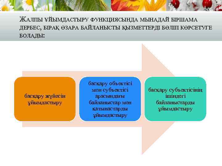 ЖАЛПЫ ҰЙЫМДАСТЫРУ ФУНКЦИЯСЫНДА МЫНАДАЙ БІРШАМА ДЕРБЕС, БІРАҚ ӨЗАРА БАЙЛАНЫСТЫ ҚЫЗМЕТТЕРДІ БӨЛІП КӨРСЕТУГЕ БОЛАДЫ: басқару