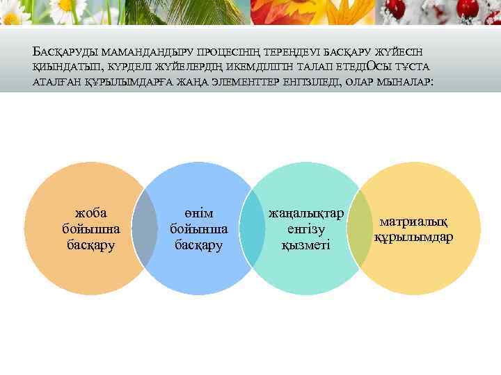 БАСҚАРУДЫ МАМАНДАНДЫРУ ПРОЦЕСІНІҢ ТЕРЕҢДЕУІ БАСҚАРУ ЖҮЙЕСІН ҚИЫНДАТЫП, КҮРДЕЛІ ЖҮЙЕЛЕРДІҢ ИКЕМДІЛІГІН ТАЛАП ЕТЕДІОСЫ ТҰСТА. АТАЛҒАН