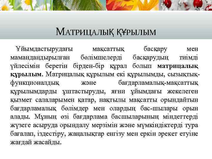 МАТРИЦАЛЫҚ ҚҰРЫЛЫМ Ұйымдастырудағы мақсаттық басқару мен мамандандырылған бөлімшелерді басқарудың тиімді үйлесімін беретін бірден-бір құрал