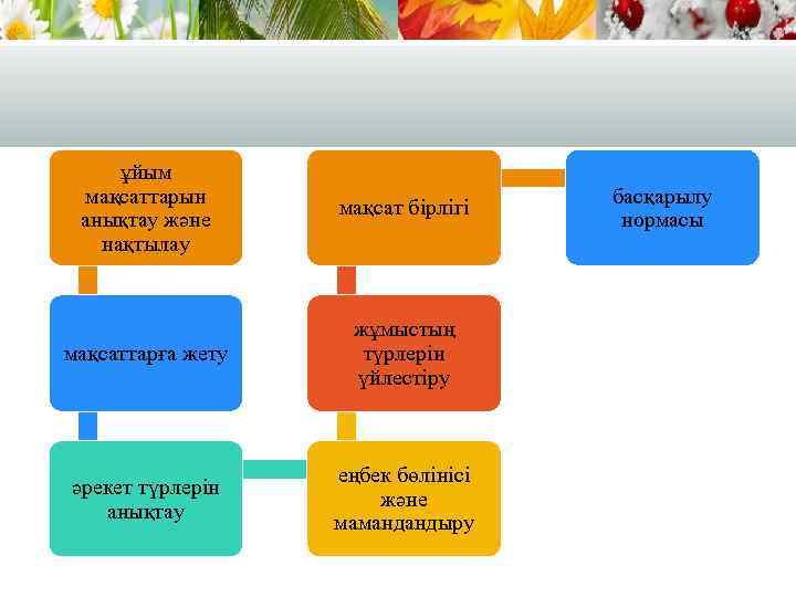 ұйым мақсаттарын анықтау және нақтылау мақсат бірлігі мақсаттарға жету жұмыстың түрлерін үйлестіру әрекет түрлерін