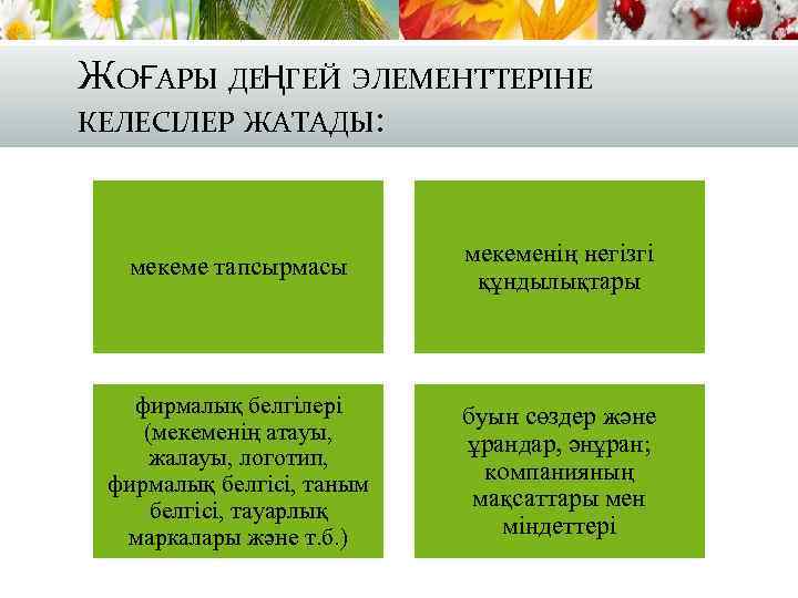ЖОҒАРЫ ДЕҢГЕЙ ЭЛЕМЕНТТЕРІНЕ КЕЛЕСІЛЕР ЖАТАДЫ: мекеме тапсырмасы мекеменің негізгі құндылықтары фирмалық белгілері (мекеменің атауы,