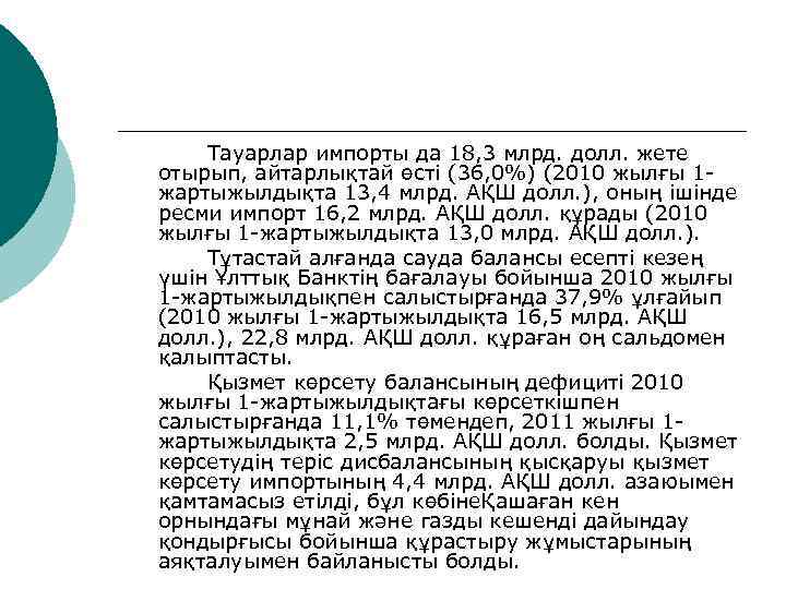 Тауарлар импорты да 18, 3 млрд. долл. жете отырып, айтарлықтай өсті (36, 0%) (2010