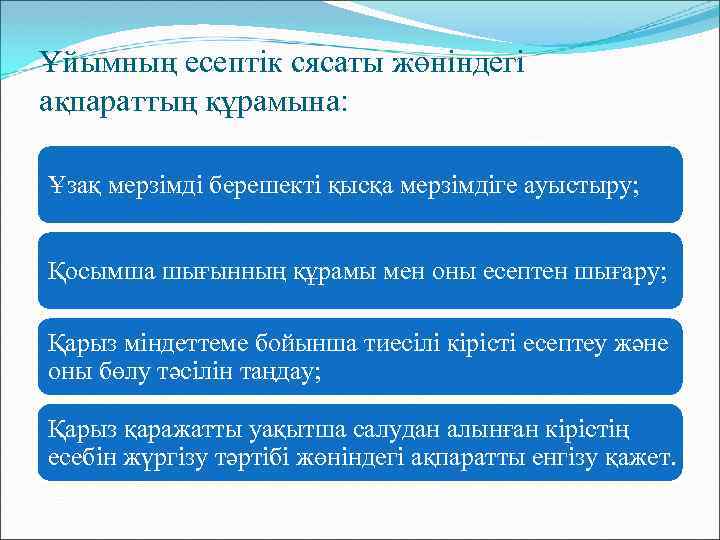Ұйымның есептік сясаты жөніндегі ақпараттың құрамына: Ұзақ мерзімді берешекті қысқа мерзімдіге ауыстыру; Қосымша шығынның