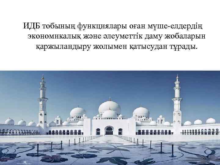 ИДБ тобының функциялары оған мүше-елдердің экономикалық және әлеуметтік даму жобаларын қаржыландыру жолымен қатысудан тұрады.