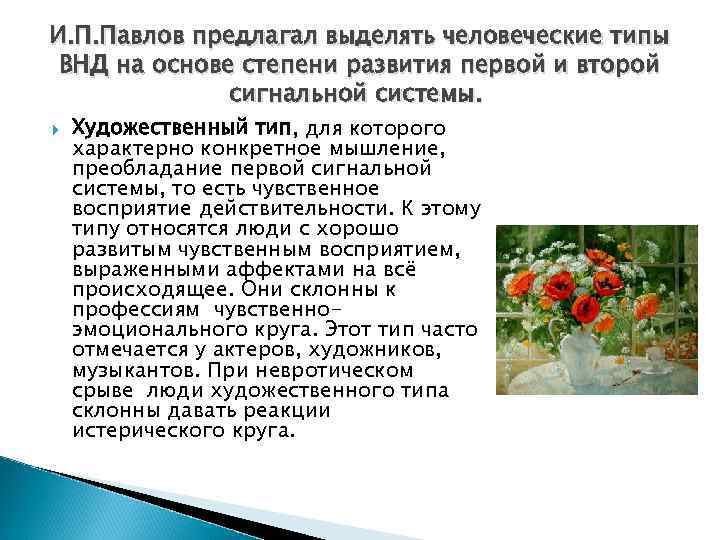 И. П. Павлов предлагал выделять человеческие типы ВНД на основе степени развития первой и