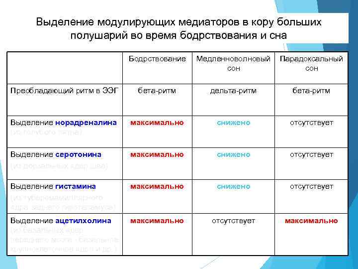 Выделение модулирующих медиаторов в кору больших полушарий во время бодрствования и сна Бодрствование Медленноволновый