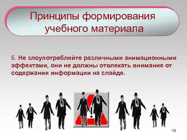 Принципы формирования учебного материала 5. Не злоупотребляйте различными анимационными эффектами, они не должны отвлекать