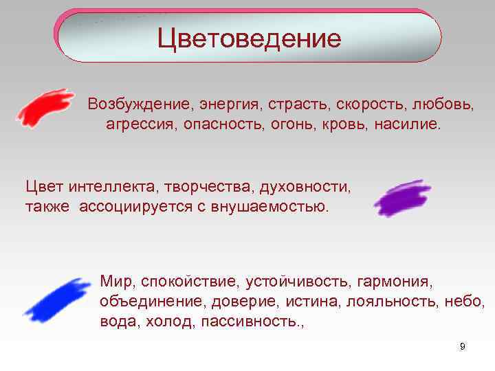Цветоведение Возбуждение, энергия, страсть, скорость, любовь, агрессия, опасность, огонь, кровь, насилие. Цвет интеллекта, творчества,