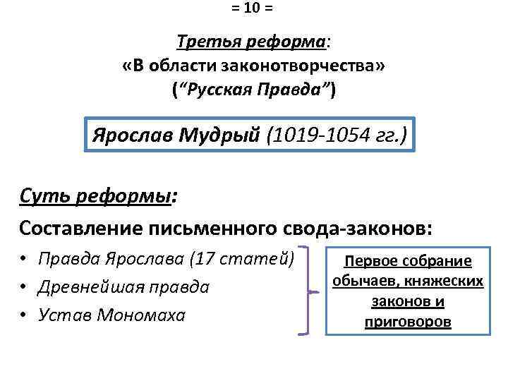 = 10 = Третья реформа: «В области законотворчества» (“Русская Правда”) Ярослав Мудрый (1019 -1054