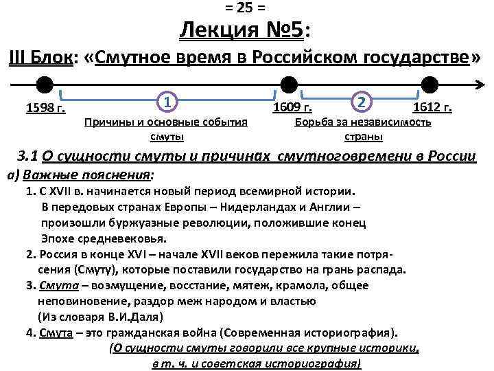 = 25 = Лекция № 5: III Блок: «Смутное время в Российском государстве» 1598